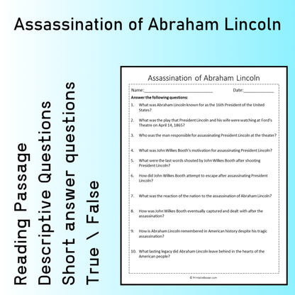 Assassination of Abraham Lincoln | Reading Comprehension Passage Printable Worksheet