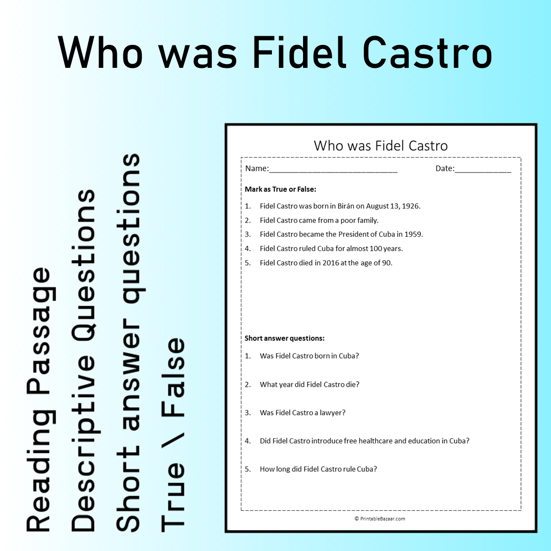 Who was Fidel Castro | Reading Comprehension Passage Printable Worksheet