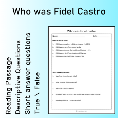 Who was Fidel Castro | Reading Comprehension Passage Printable Worksheet