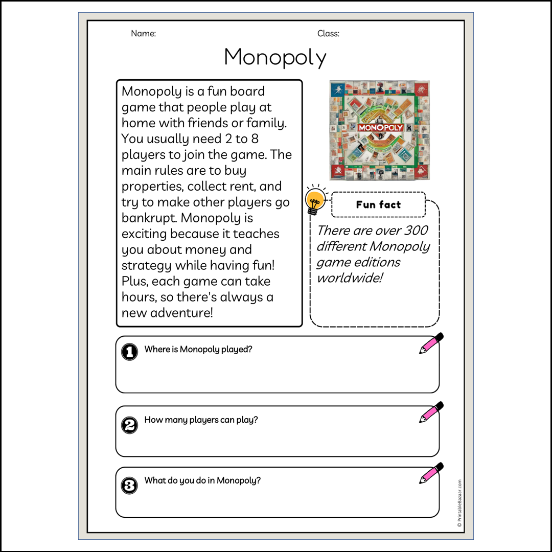 Monopoly | Reading Passage Comprehension Questions Writing Facts Worksheet