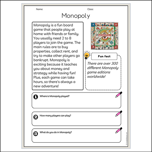 Monopoly | Reading Passage Comprehension Questions Writing Facts Worksheet