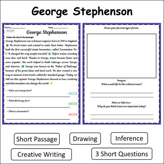 George Stephenson | Short Reading Comprehension Creative Worksheet