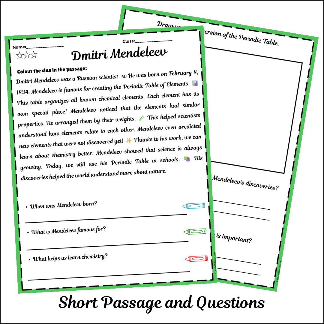 Dmitri Mendeleev | Short Reading Comprehension Creative Worksheet