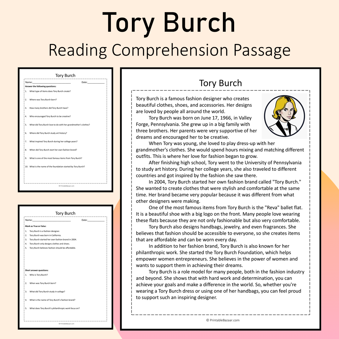 Tory Burch | Reading Comprehension Passage Printable Activity