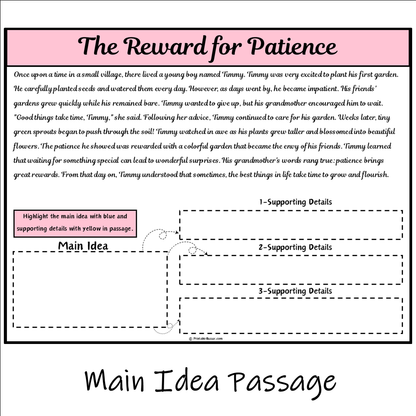 The Reward for Patience | Main Idea and Supporting Details Reading Passage and Questions