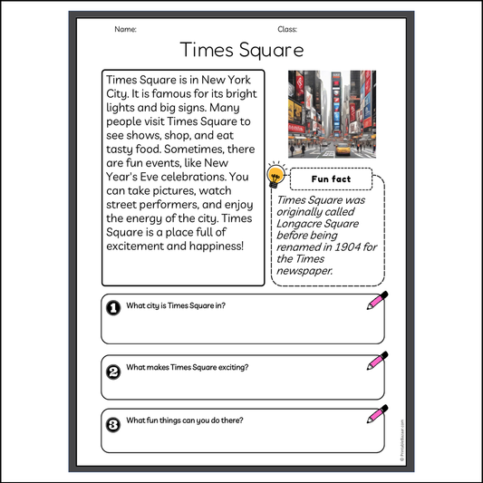 Times Square | Reading Passage Comprehension Questions Writing Facts Worksheet