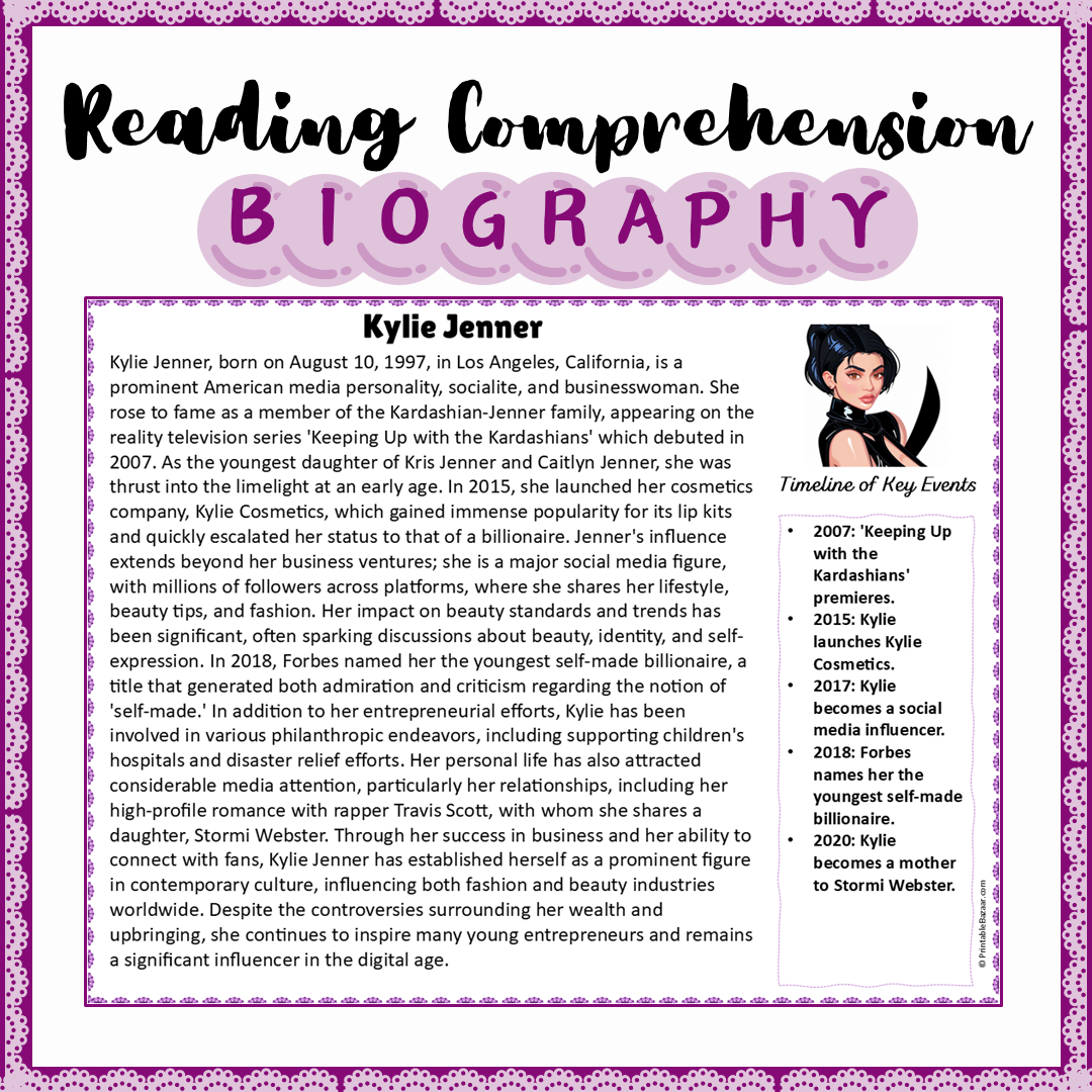 Kylie Jenner | Biography Reading Comprehension and Questions Worksheet