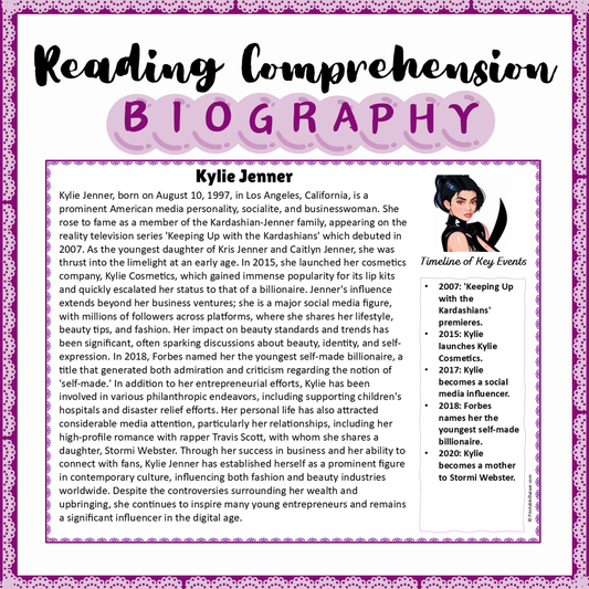 Kylie Jenner | Biography Reading Comprehension and Questions Worksheet