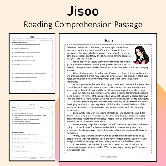 Jisoo | Reading Comprehension Passage Printable Activity