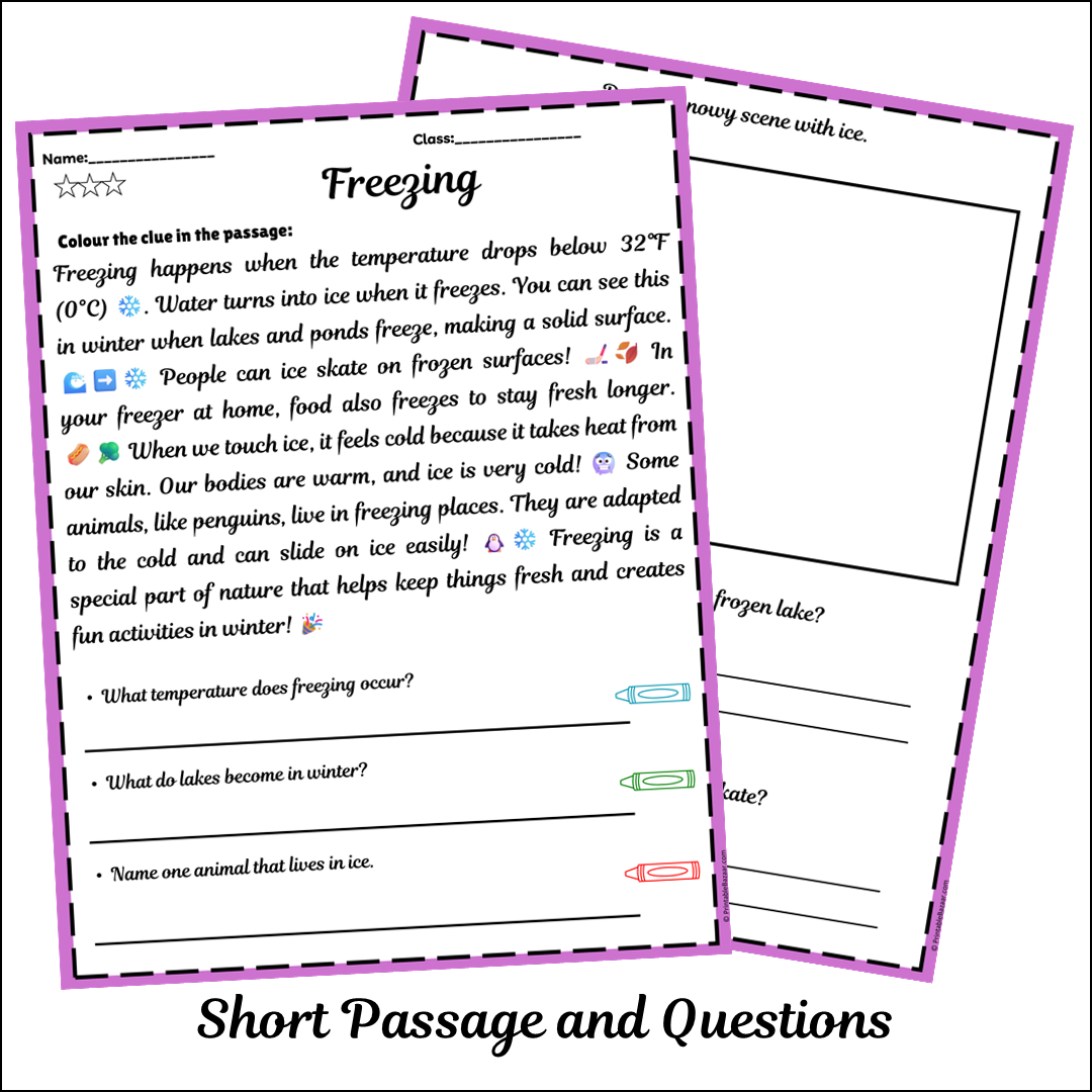 Freezing | Short Reading Comprehension Creative Worksheet