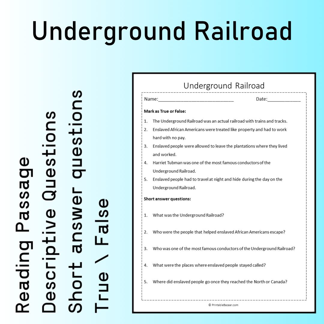 Underground Railroad | Reading Comprehension Passage Printable Worksheet
