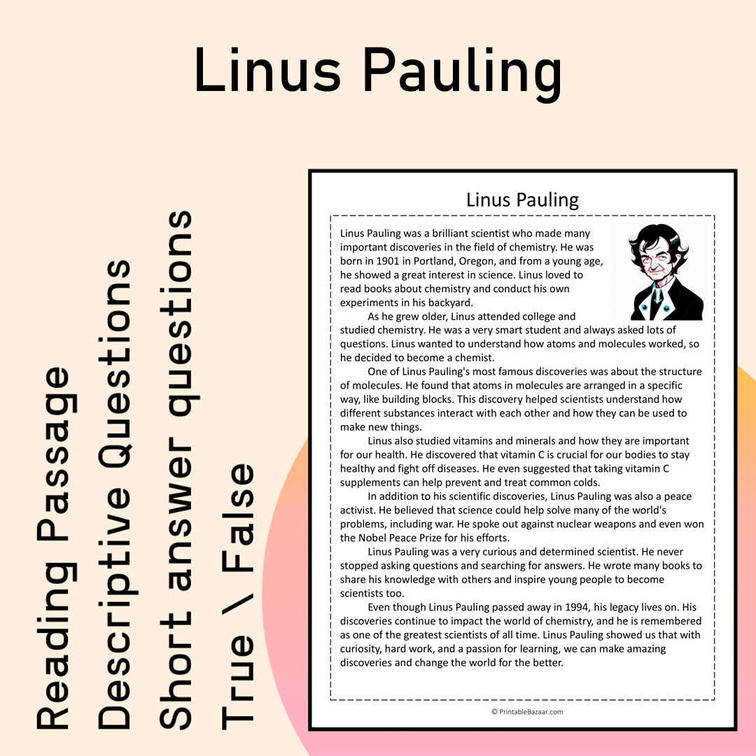 Linus Pauling | Reading Comprehension Passage Printable Activity