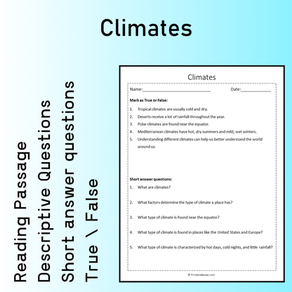 Climates | Reading Comprehension Passage Printable Worksheet