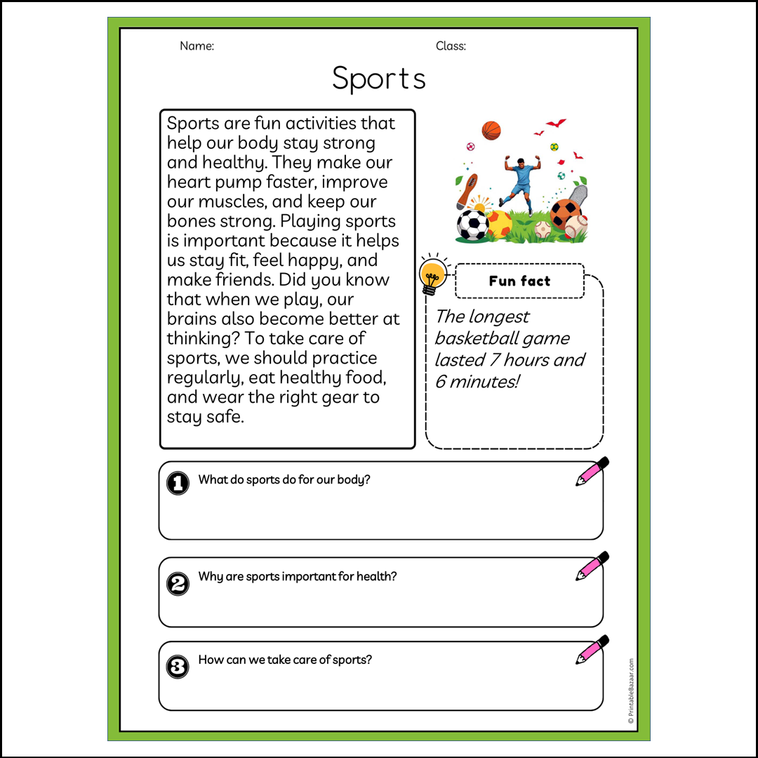 Sports | Reading Passage Comprehension Questions Writing Facts Worksheet