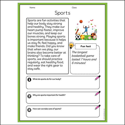 Sports | Reading Passage Comprehension Questions Writing Facts Worksheet
