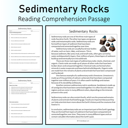 Sedimentary Rocks | Reading Comprehension Passage Printable Worksheet