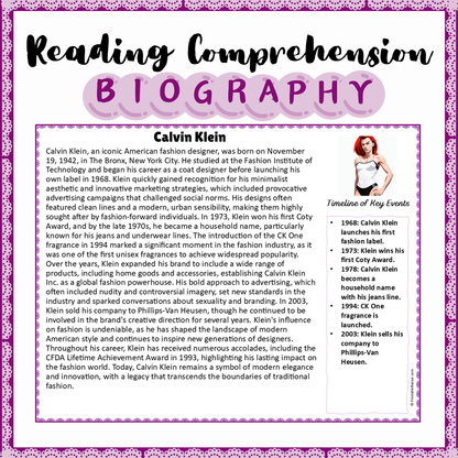 Calvin Klein | Biography Reading Comprehension and Questions Worksheet