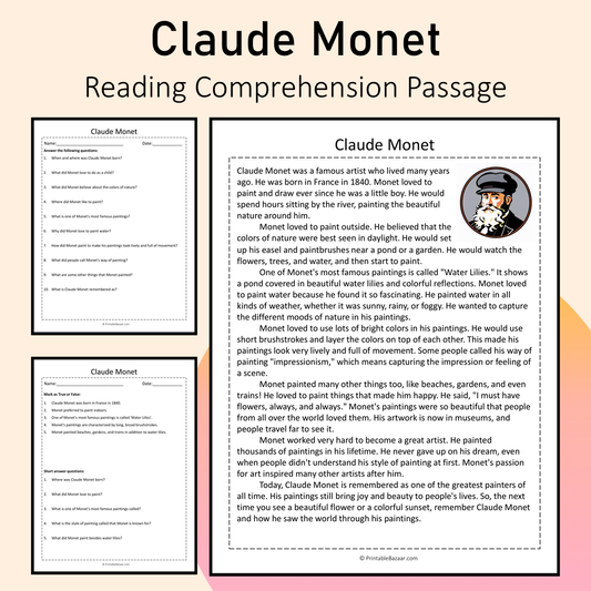 Claude Monet | Reading Comprehension Passage Printable Activity