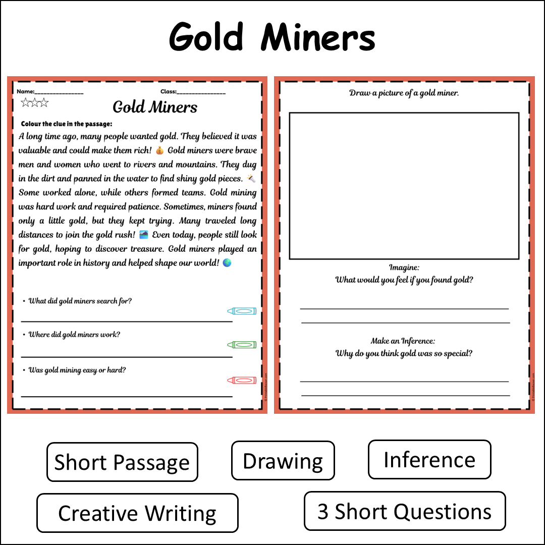 Gold Miners | Short Reading Comprehension Creative Worksheet