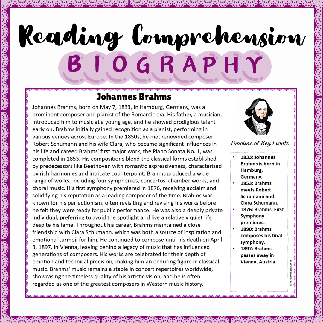 Johannes Brahms | Biography Reading Comprehension and Questions Worksheet