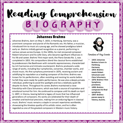 Johannes Brahms | Biography Reading Comprehension and Questions Worksheet
