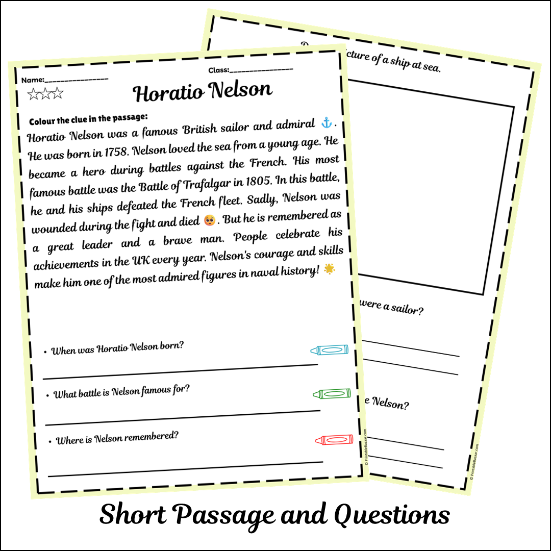 Horatio Nelson | Short Reading Comprehension Creative Worksheet
