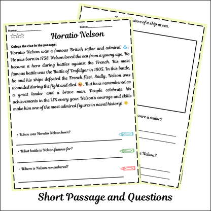 Horatio Nelson | Short Reading Comprehension Creative Worksheet