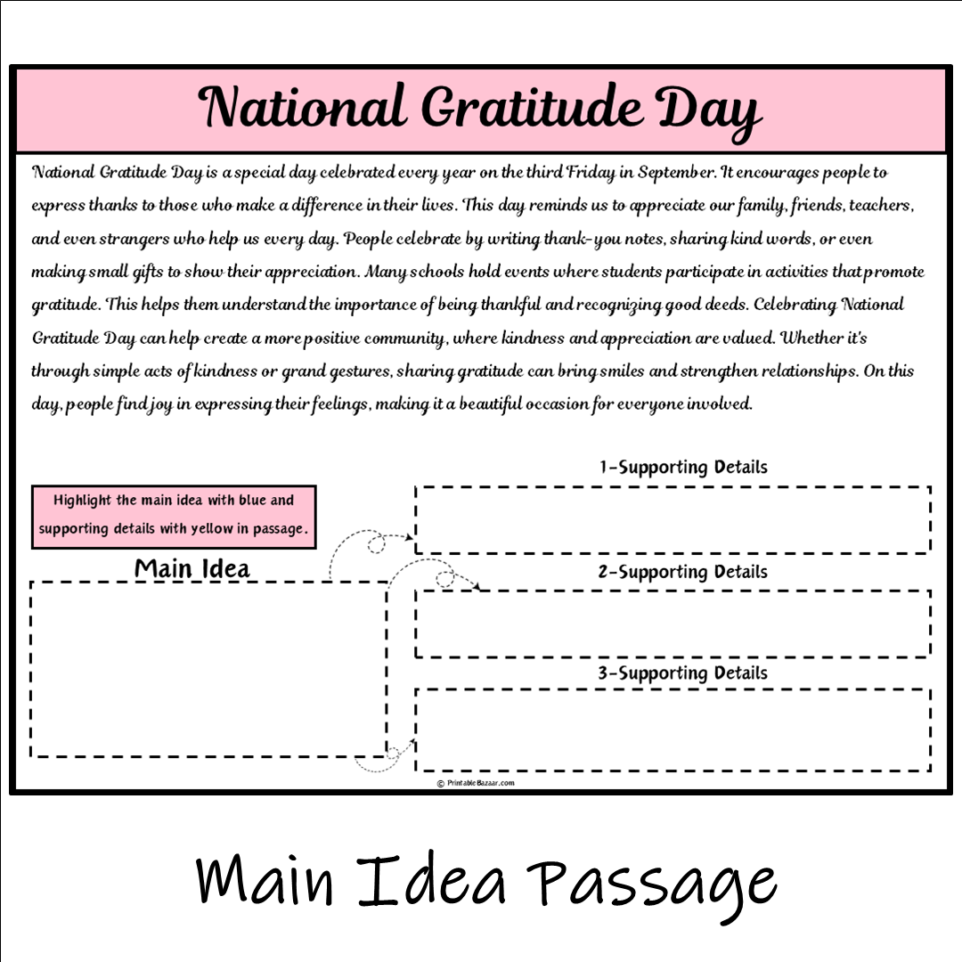 National Gratitude Day | Main Idea and Supporting Details Reading Passage and Questions