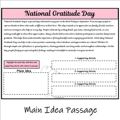 National Gratitude Day | Main Idea and Supporting Details Reading Passage and Questions