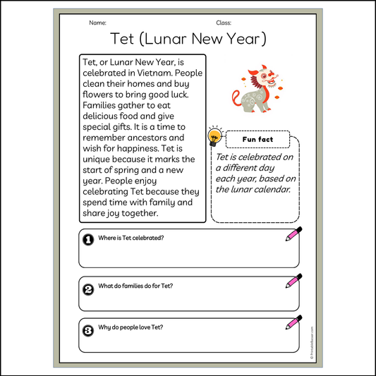 Tet (Lunar New Year) | Reading Passage Comprehension Questions Writing Facts Worksheet