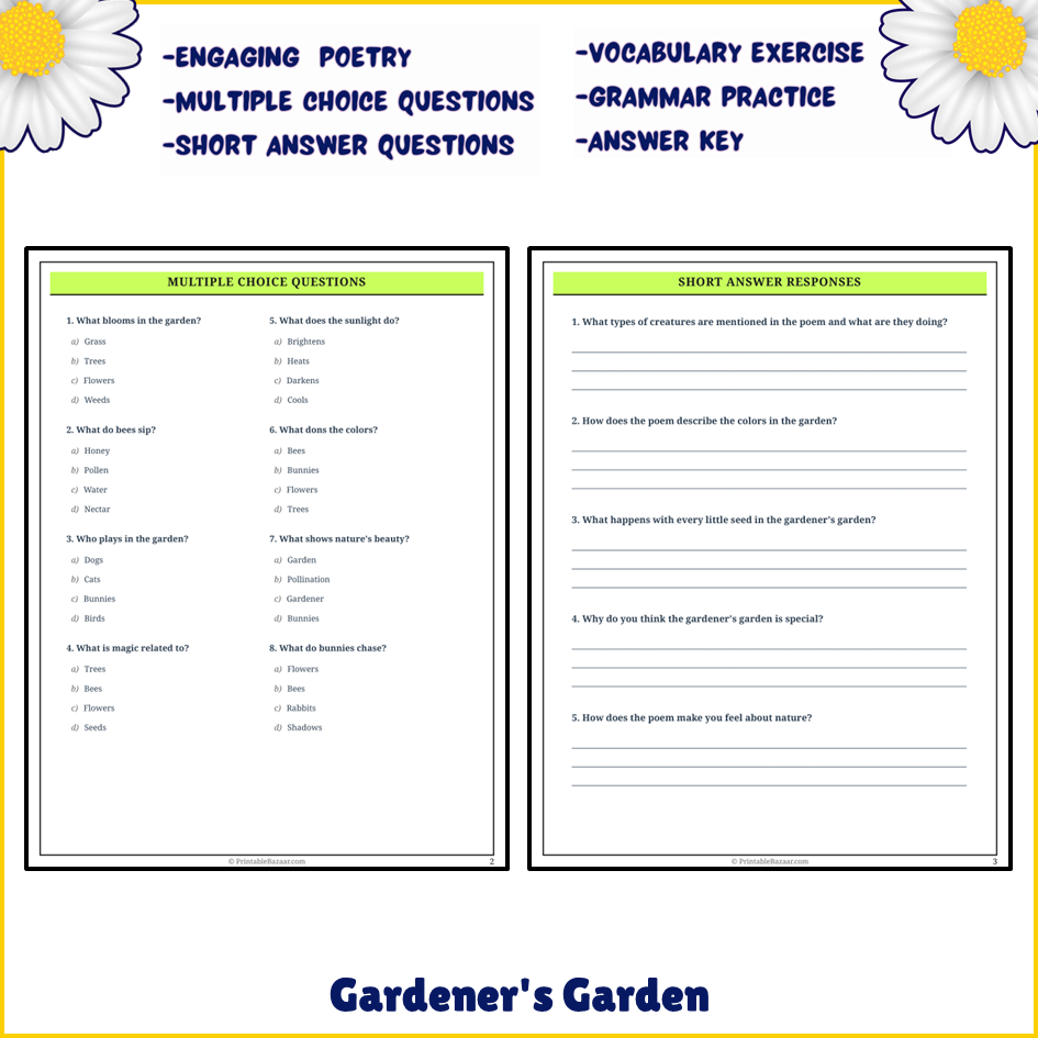 Gardener's Garden | Poem Grammar Worksheet Printable Activity