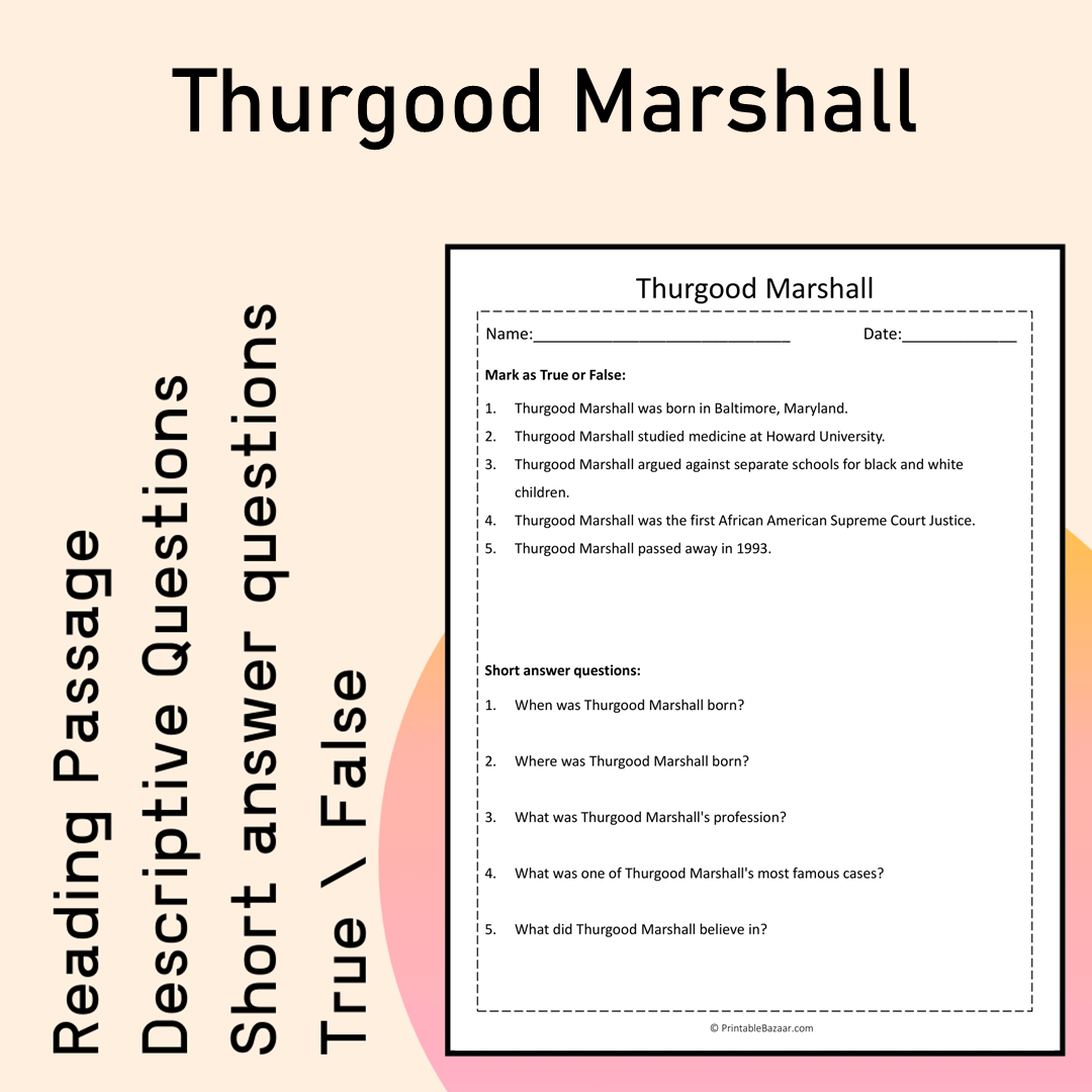 Thurgood Marshall | Reading Comprehension Passage Printable Activity