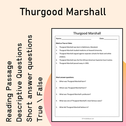 Thurgood Marshall | Reading Comprehension Passage Printable Activity