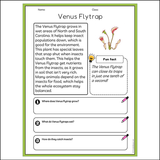 Venus Flytrap | Reading Passage Comprehension Questions Writing Facts Worksheet