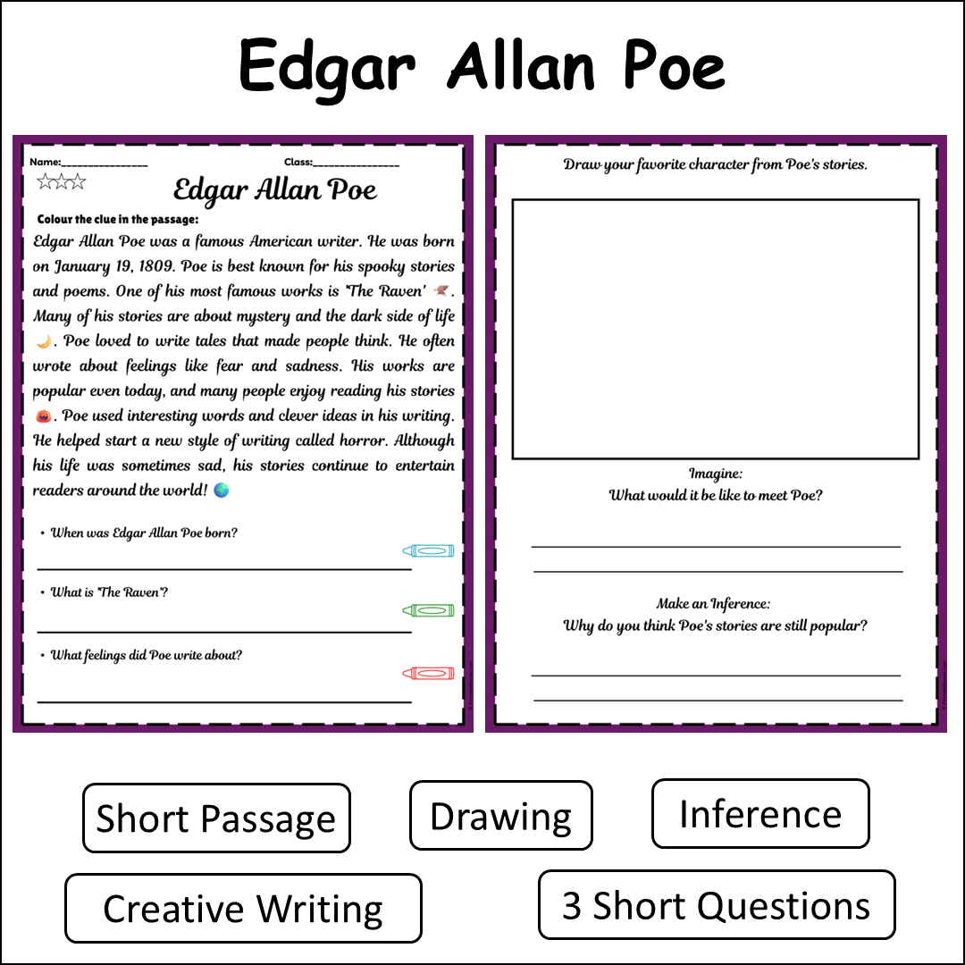 Edgar Allan Poe | Short Reading Comprehension Creative Worksheet