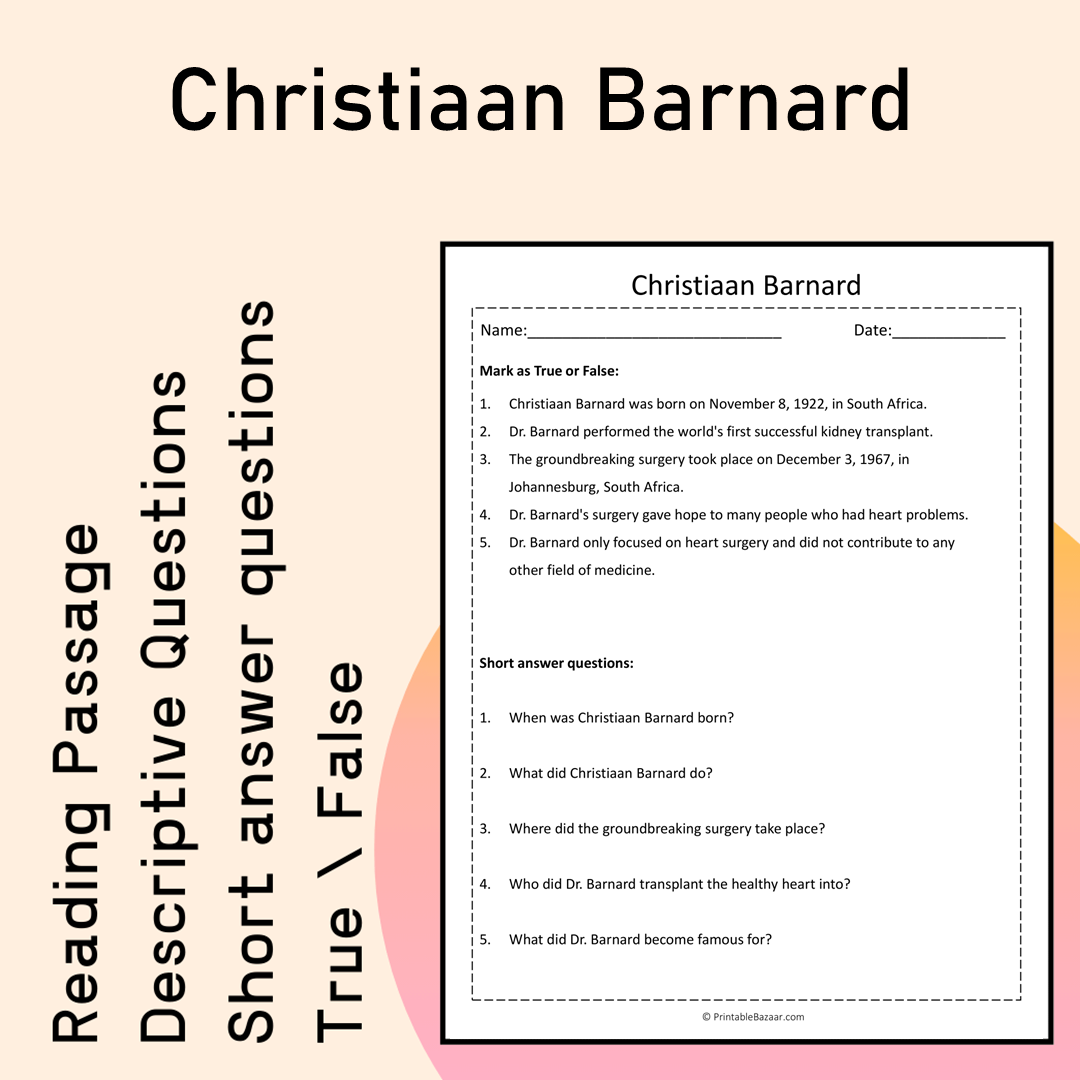 Christiaan Barnard | Reading Comprehension Passage Printable Activity
