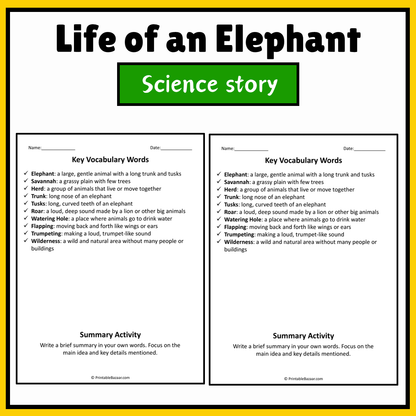 Life of an Elephant | Science Story Reading Comprehension Activity