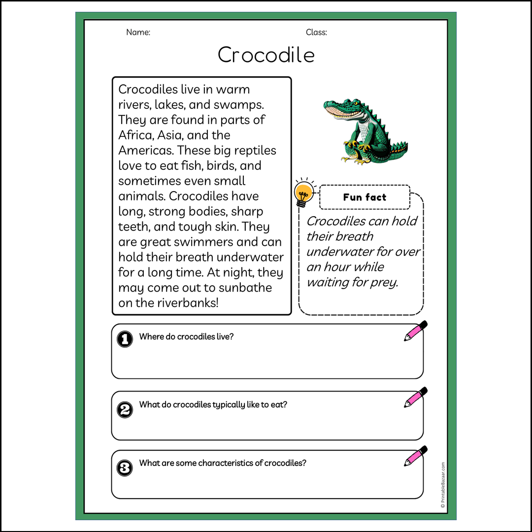 Crocodile | Reading Passage Comprehension Questions Writing Facts Worksheet