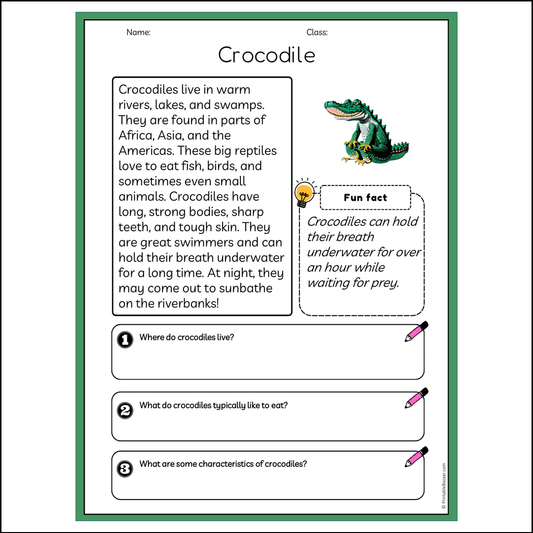 Crocodile | Reading Passage Comprehension Questions Writing Facts Worksheet