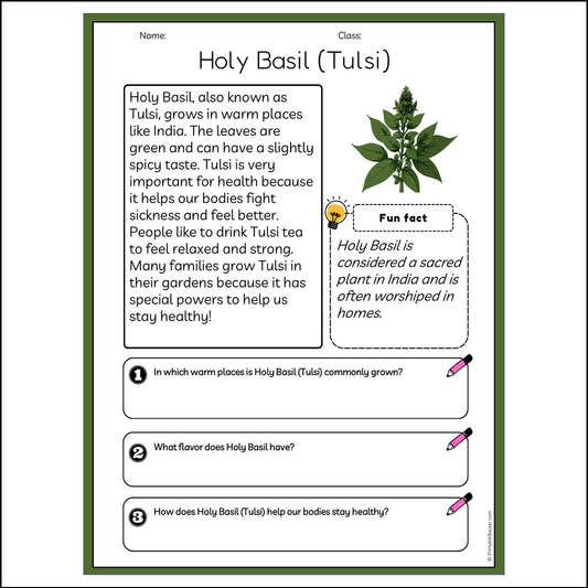 Holy Basil (Tulsi) | Reading Passage Comprehension Questions Writing Facts Worksheet