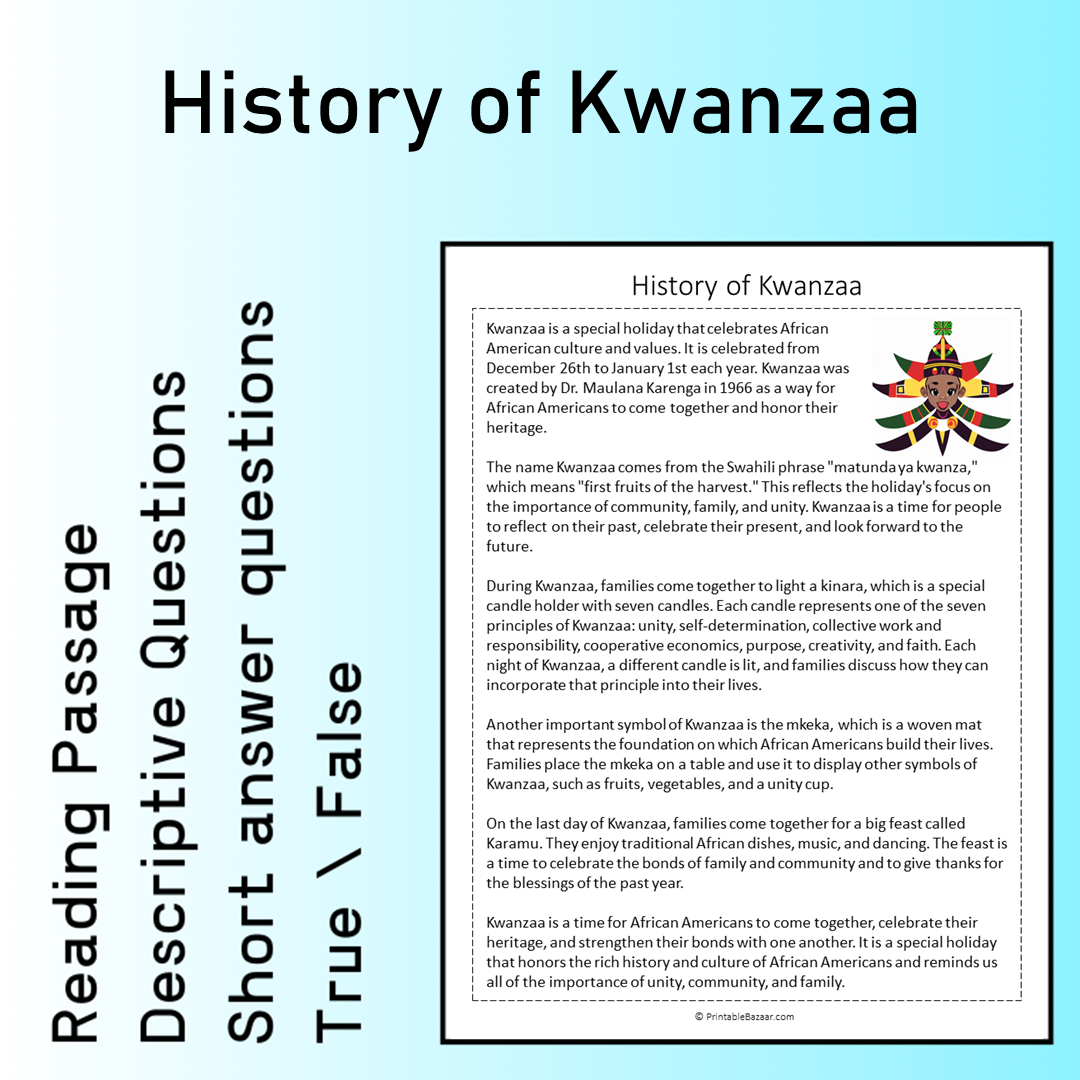 History of Kwanzaa | Reading Comprehension Passage Printable Worksheet