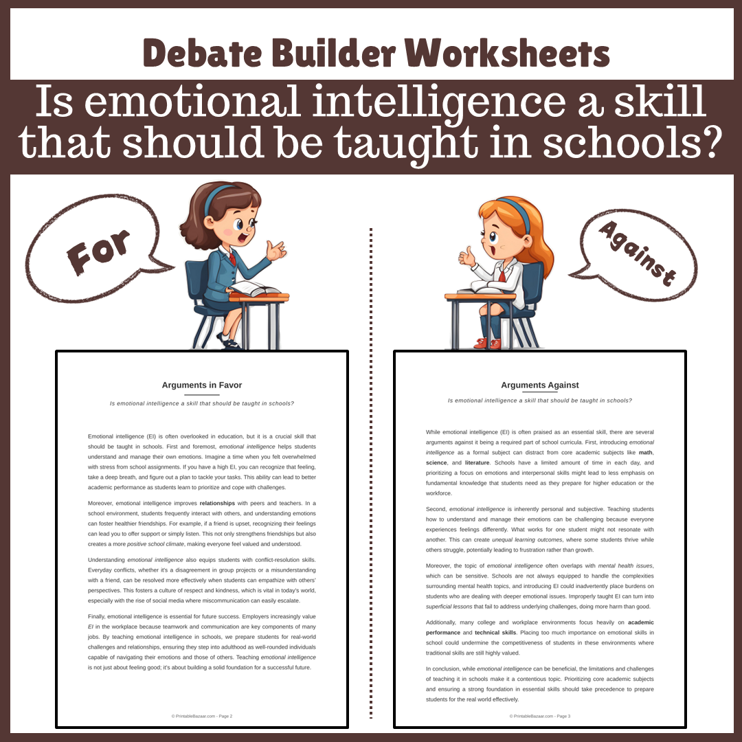 Is emotional intelligence a skill that should be taught in schools? | Favour and Against Worksheet Printable Activity