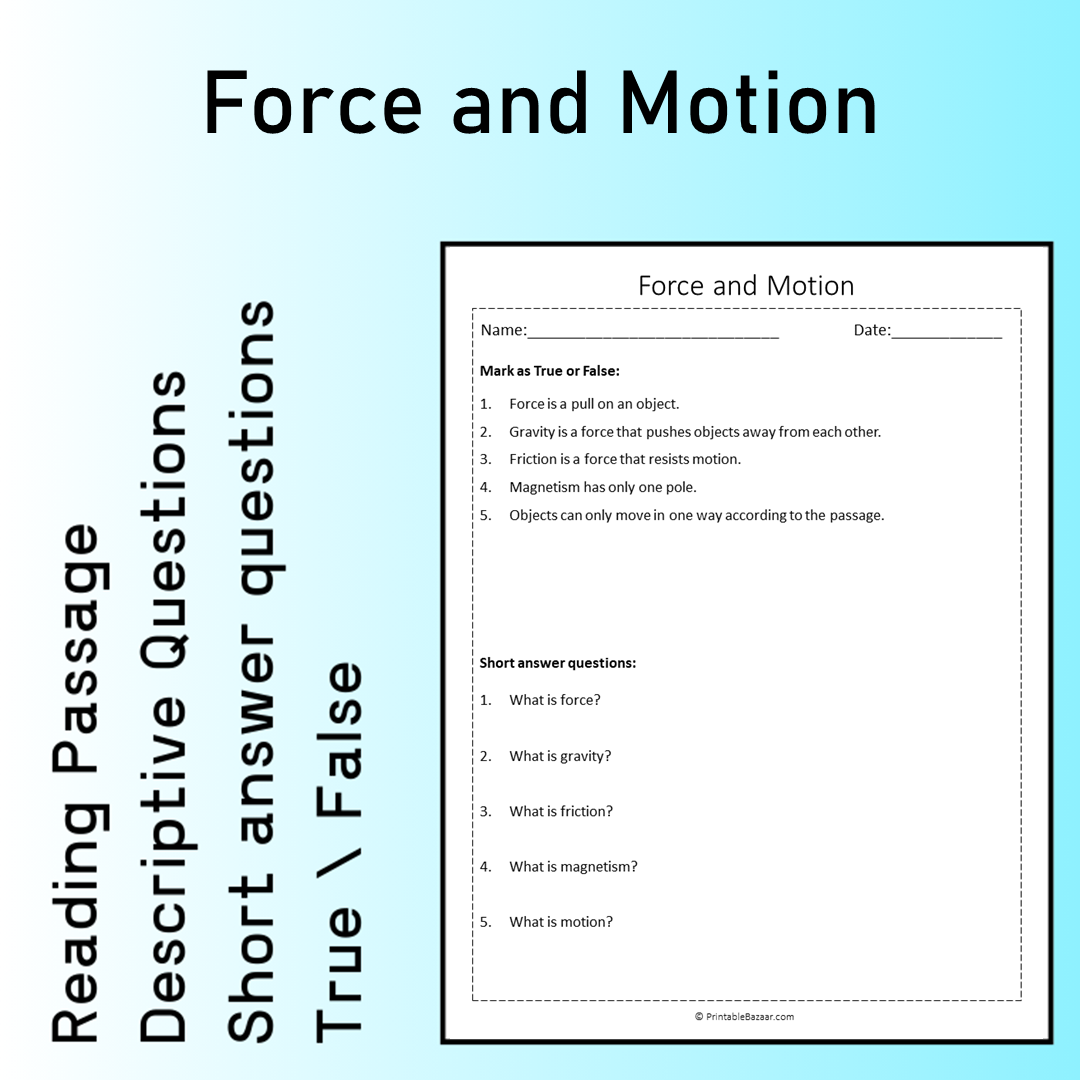 Force and Motion | Reading Comprehension Passage Printable Worksheet