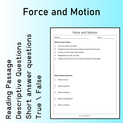 Force and Motion | Reading Comprehension Passage Printable Worksheet