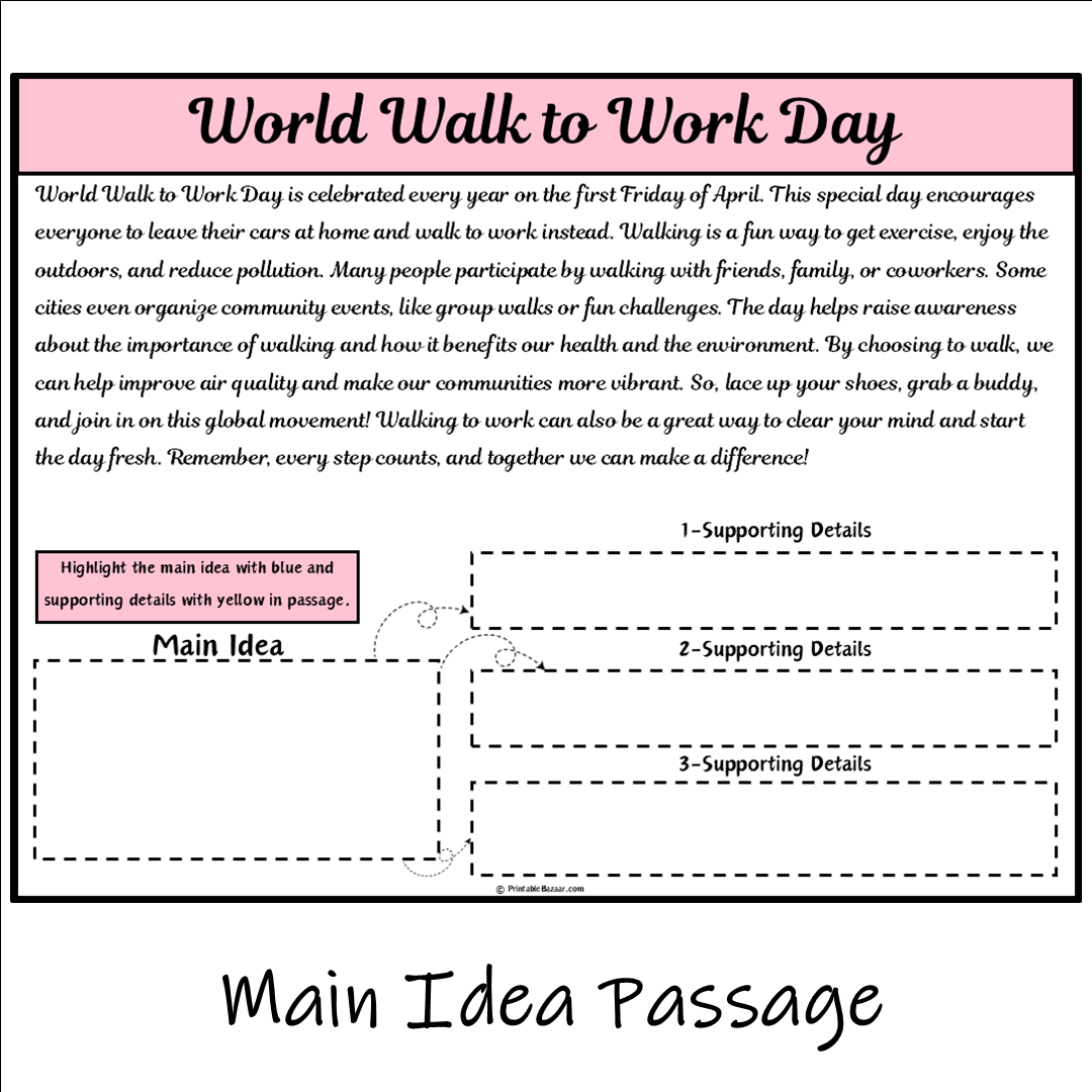 World Walk to Work Day | Main Idea and Supporting Details Reading Passage and Questions