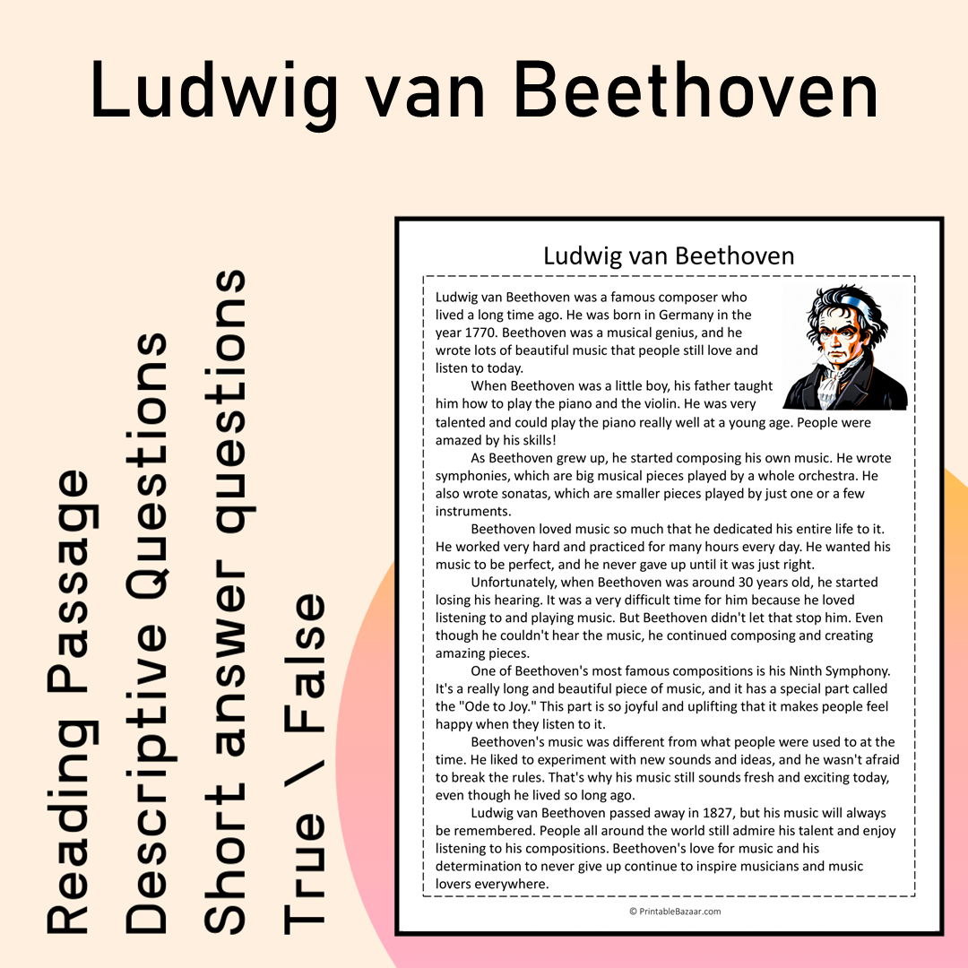 Ludwig van Beethoven | Reading Comprehension Passage Printable Activity