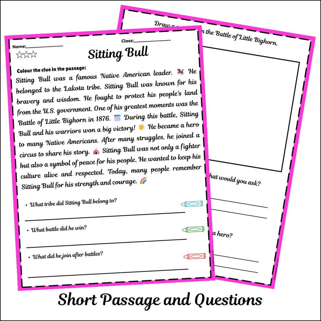 Sitting Bull | Short Reading Comprehension Creative Worksheet