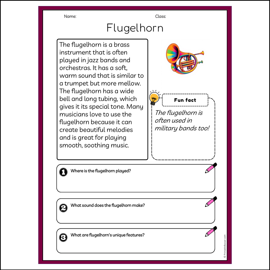 Flugelhorn | Reading Passage Comprehension Questions Writing Facts Worksheet