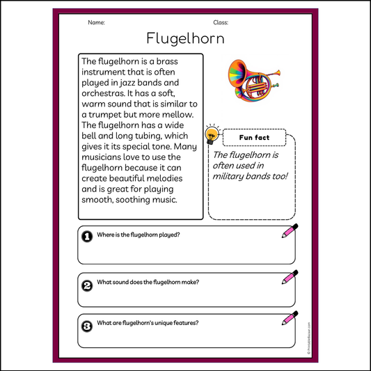 Flugelhorn | Reading Passage Comprehension Questions Writing Facts Worksheet