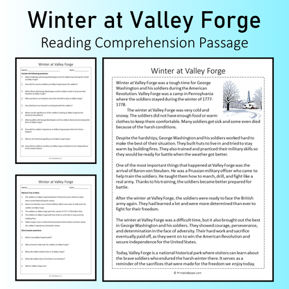 Winter at Valley Forge | Reading Comprehension Passage Printable Worksheet